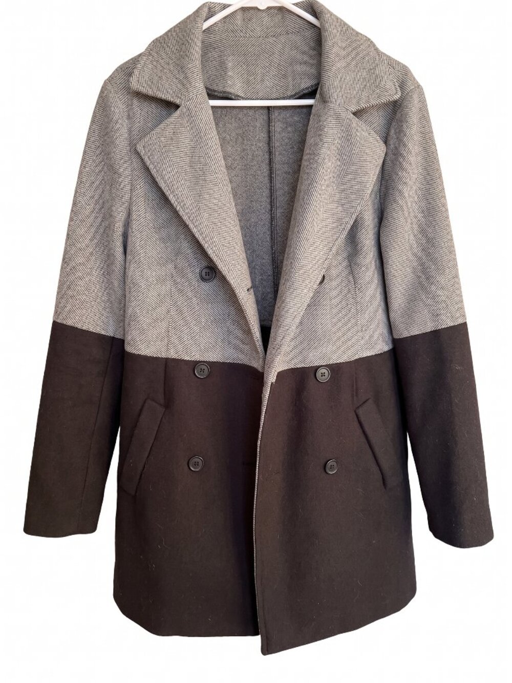Colorblock Double-Breasted Peacoat – Grey & Black – Size L